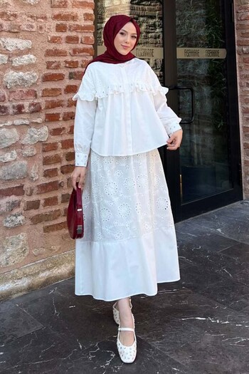 benguen Stone Detailed Embroidery Skirt Suit White 3007