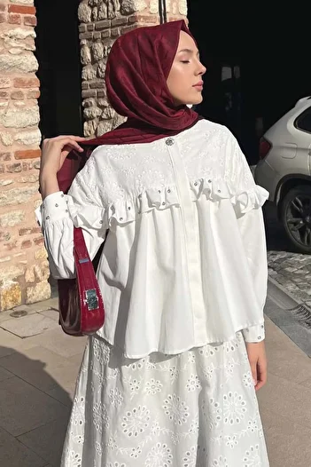 benguen Stone Detailed Embroidery Skirt Suit White 3007