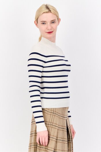 No Comment Women Mock Neck Long Sleeve Yarn Dye Sweater, Multicolor