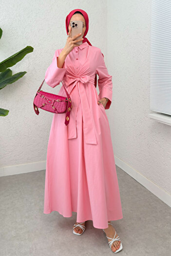 Salih Çelebi Front Tie Hijab Dress 2534 - Pink