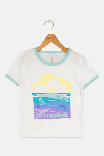 GAP Kids Girl Round Neck Short Sleeves Graphic Print Top, White