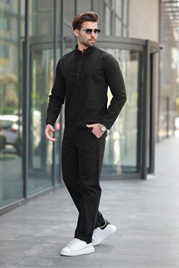 Madmext Black 100% Cotton Linen Men's Shirt Suit E7310