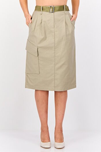 Esprit Women Solid Cargostyle Midi Skirt, Ash Green