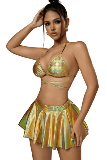Nana & Mayka Moda Silver Lame Shiny 3-Piece Fancy Bikini Set – Halter Bra, Skirt, Brazilian Panty