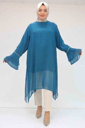 Eslina 58018 Large Size Sleeve Flounce Stone Printed Chiffon Tunic - Petrol