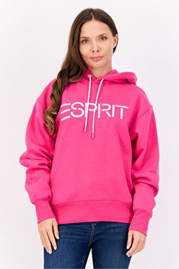 Esprit Women Brand Logo Long Sleeve Hooded Sweatshirts, Dark Pink