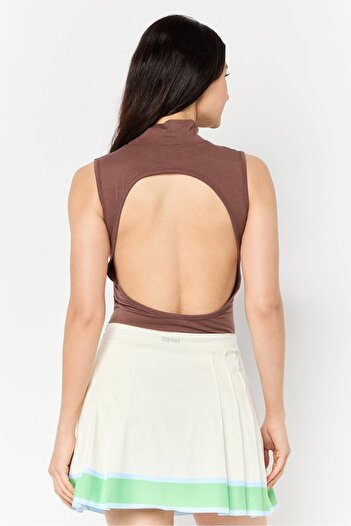 Public Desire Amber x Public Desire Women Mock Neck Printed Sleeveless Bodysuits, Bitter Choco