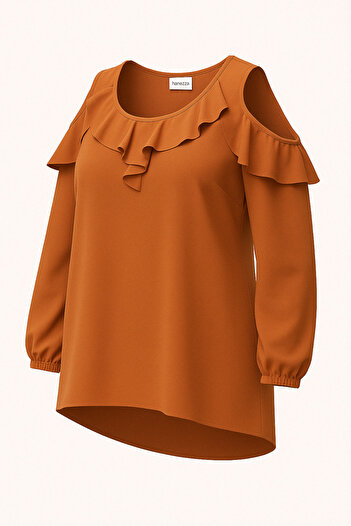 Hanezza Plus Size Off-Shoulder and Ruffle Detailed Evening Blouse