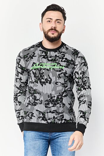 Lamborghini Men Crew Neck Allover Print Long Sleeves Sweatshirt, Grey/Black