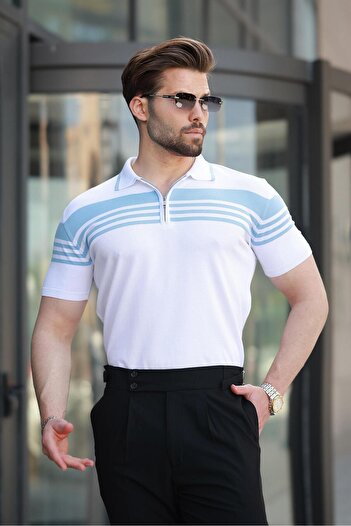 Madmext White Zippered Polo Neck Men's Knitwear T-Shirt E7407