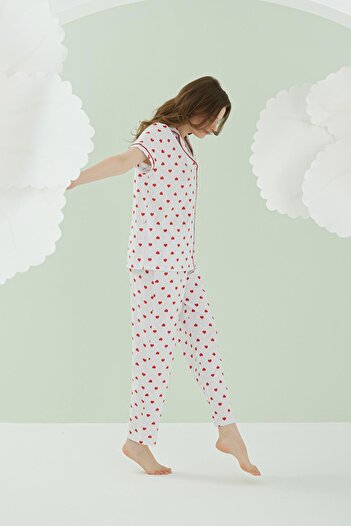 NBB %100 Pamuklu Kadın Ekru Kalpli Önden Düğmeli Pijama Takım