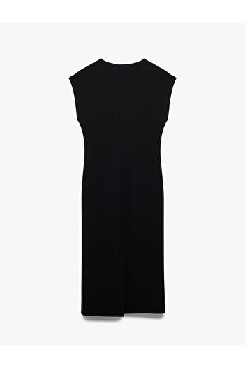 Koton Bürümcük Kumaş Slim Fit Kolsuz Midi Boy V Yaka Bodycon Elbise