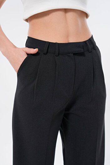 lovebox Women's Modern Palazzo Cut Wide Leg Black Fabric Trousers 002