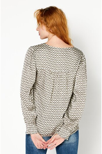 Esprit Women V Neck Long Sleeve Allover Print Top, Beige Combo