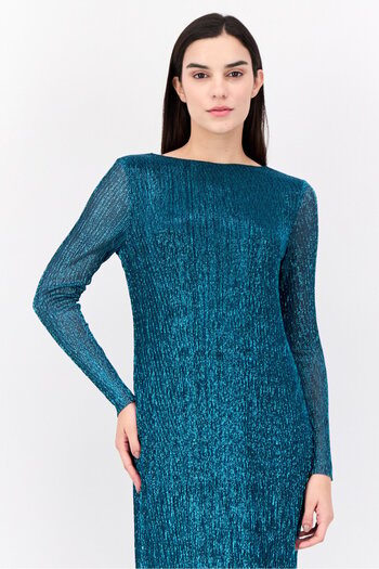 Phase Eight Women Petite Metallic Long Sleeve Midi Dress, Teal Blue