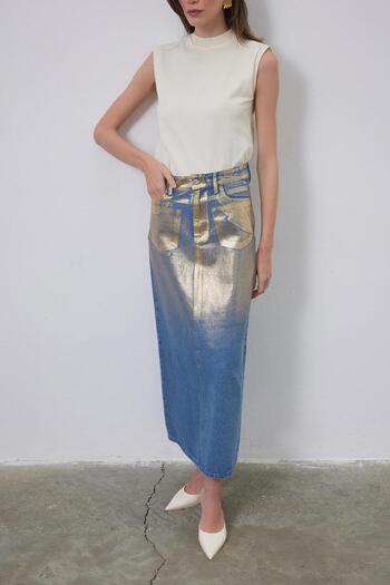 KADRİYE BAŞTÜRK Denim Pencil Impact Gold - Shiny Print Pattern