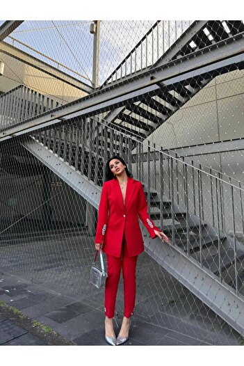 BARG FASHION Kadin Taş Detaylı Blazer Ceket Pantolon Takım Elbise