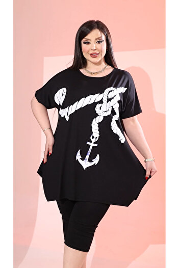 HÜLYA BUTİK Women's Large Size Black Sailor Anchor Printed Blouse