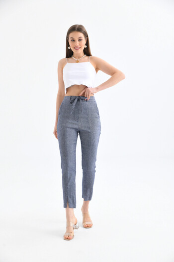 Park Karon Women's Waist Laced Leg Detail Linen Trousers