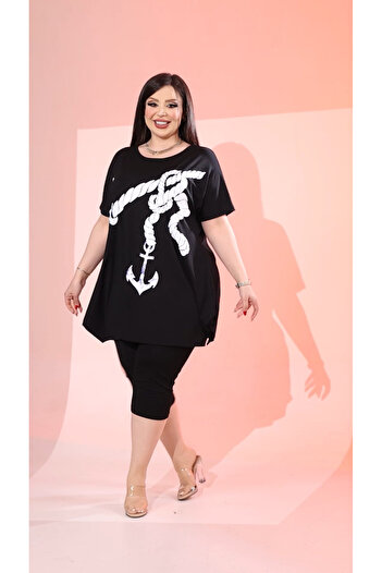 HÜLYA BUTİK Women's Large Size Black Sailor Anchor Printed Blouse