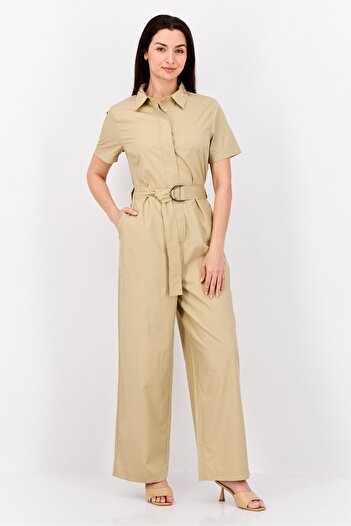 Esprit Women Solid Short Sleeves Belted Jumpsuit, Khaki