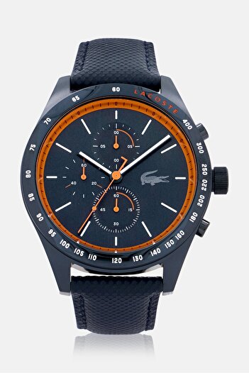 Lacoste Men 2011297 Chronograph Round Leather Watch 44 mm, Blue
