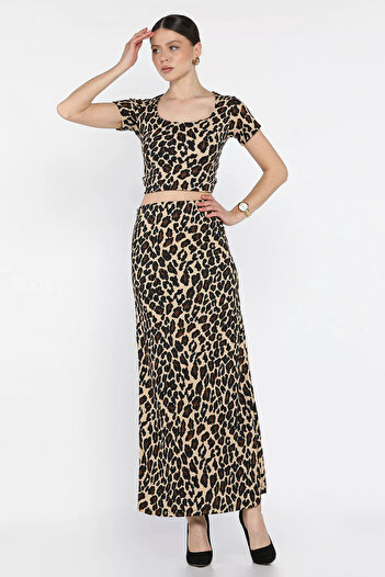 GÜLSELİ Beige Women's Leopard Patterned Waist Elastic Wrap Skirt