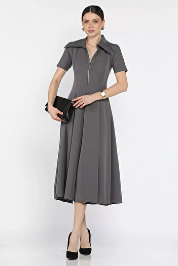 GÜLSELİ Gray Women's Half Zipper Short Sleeve Dress