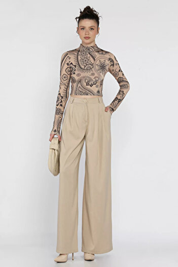 GÜLSELİ Beige Women's High Waist Pleated Fabric Pants