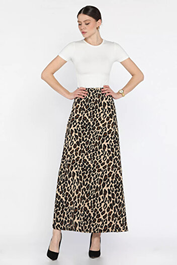 GÜLSELİ Beige Women's Elastic Waist Leopard Patterned Wrapped Kilos Skirt