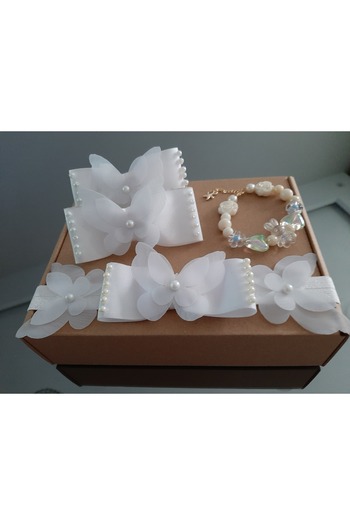 Nevgiss Aksesuar 2 Pieces of Rubber Buckle with Tulle Butterfly and PearlsBandanaGold Plated and Figured Bracelet Set