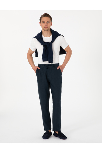 Pierre Cardin Lacivert Carrot Fit %100 Keten Beli Lastikli İpli Kanvas Pantolon 50301811-VR033