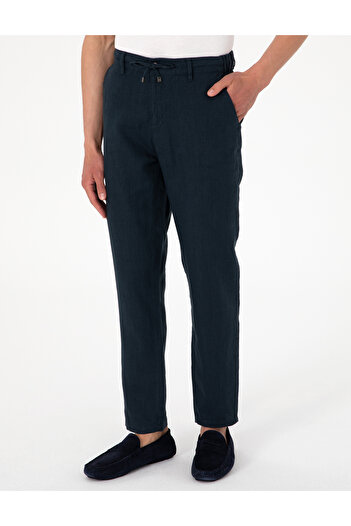 Pierre Cardin Lacivert Carrot Fit %100 Keten Beli Lastikli İpli Kanvas Pantolon 50301811-VR033