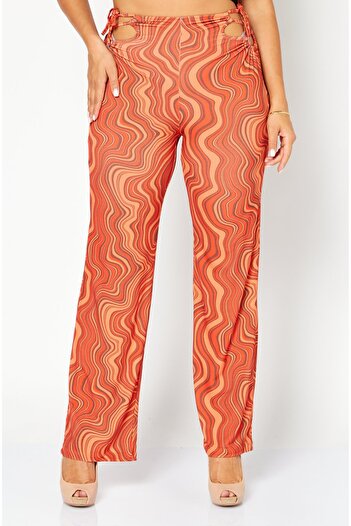 NA-KD Women Regular Fit Lacing Detail Straight Pant, Orange Combo