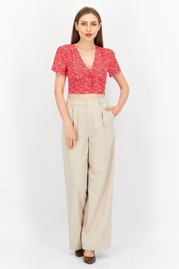 NA-KD Women V Neck Short Sleeve Floral Print Top, Red
