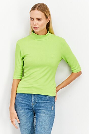 NA-KD Women Turtle Neck Short Sleeve Ribbed Top, Lime Green