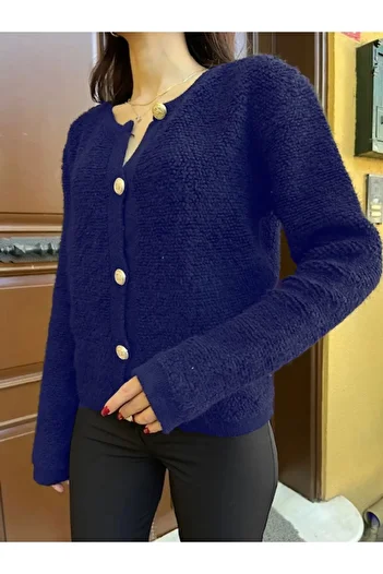Puella Women's Crew Neck Gold Buttoned Teddy Plush Soft Knitwear Cardigan-Navy Blue Color