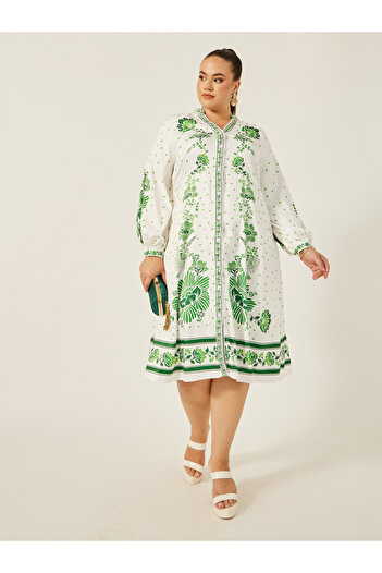 Styli Plus Size Printed Balloon Sleeves A-Line Midi Dress