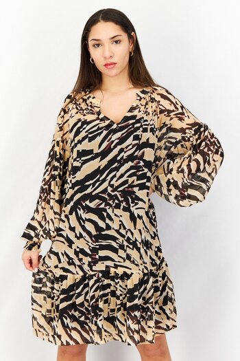 Esprit Women V-Neck Long Sleeve Allover Printed Mini Dress, Brown Combo