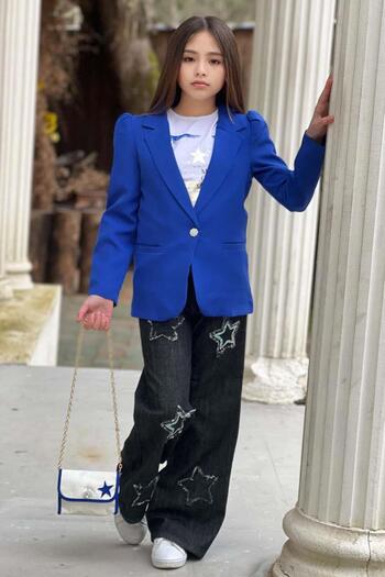 Riccotarz Girl's Printed T-Shirt Loose Cut Star Detailed Jean Pants Blue Blazer Jacket Bottom Top Set