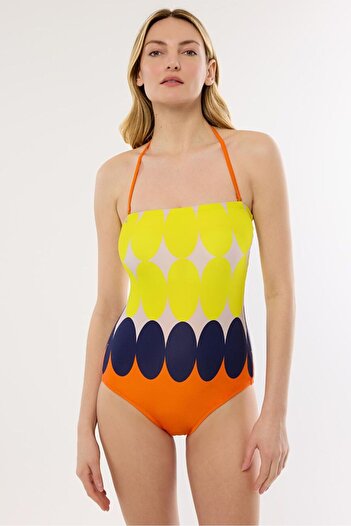 AYYILDIZ 4308 Yellow Patterned Strapless Swimsuit