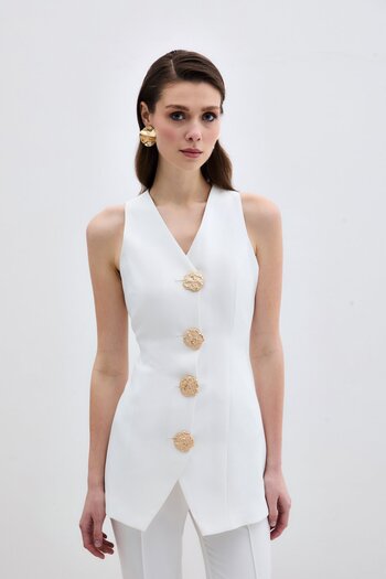 Sateen Ecru Colored Gold Buttoned Vest