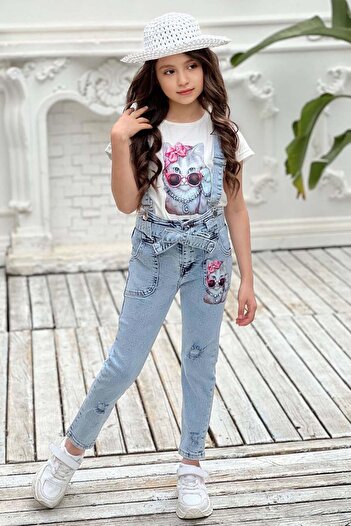 Riccotarz Girl's Digital Printed T-Shirt with Slits and Cat Detail Blue Jean Salopet Set