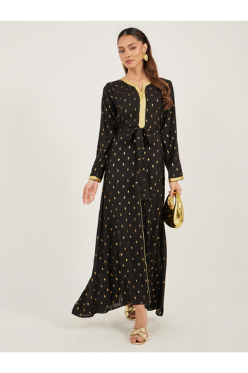 Styli Foil Print Lace Detail Satin Jalabiya with Belt