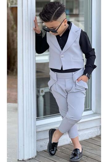 Riccotarz Boy's Silver Button Detailed Vest Gabardine Black Shirt Gray Bottom Top Set