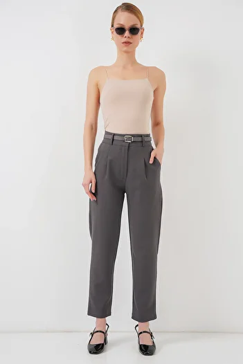 Bigdart Women's Pleated Belted Fabric Trousers 6725 - Anthracite