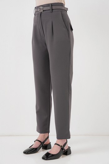 Bigdart Women's Pleated Belted Fabric Trousers 6725 - Anthracite