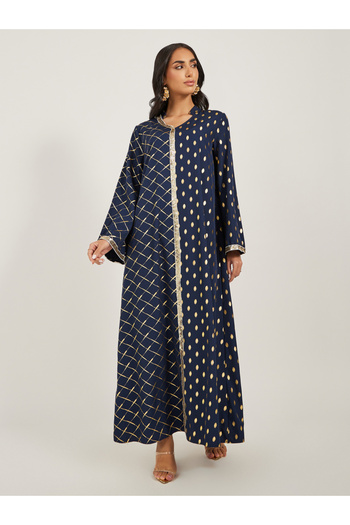 Styli Foil Printed Collared Jalabiya with Lace Trim