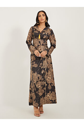 Styli Floral Jacquard Flat Collared Jalabiya with Tassel Detail