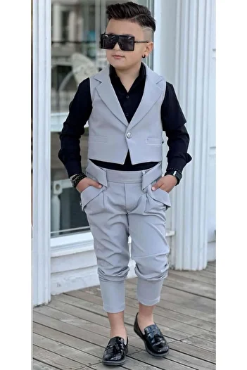 Riccotarz Boy's Silver Button Detailed Vest Gabardine Black Shirt Gray Bottom Top Set
